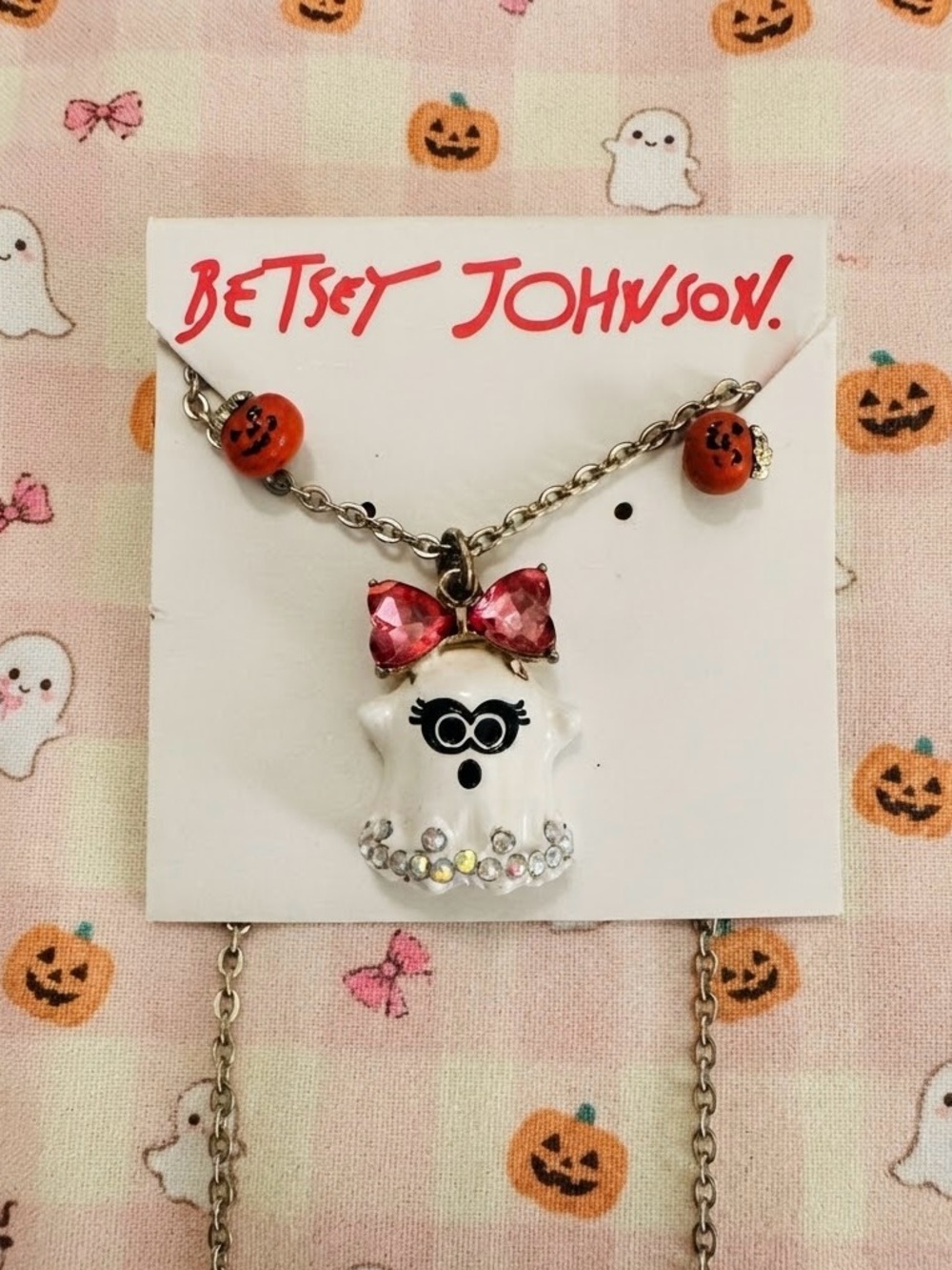 Betsey Johnson Girly Ghost Necklace & Pumpkin Earrings Set